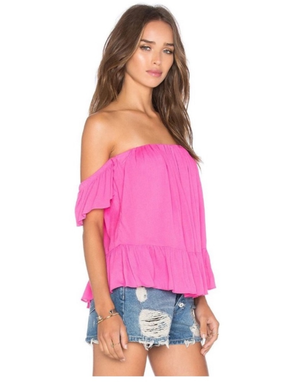 MISA Los Angelos hot pink Anais Off
Shoulder Summer vacation  Top NEW